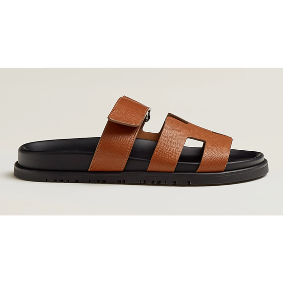 Hermes Chypre Sandal Natural Brown Gold Black H Logo Slide Slip On Flat 37.5 - Picture 5 of 12